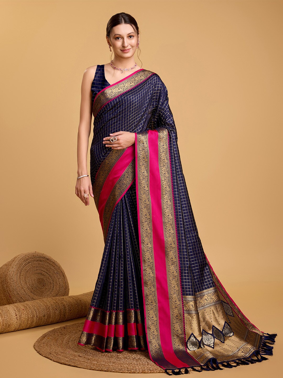 

Ishin Woven Design Zari Silk Blend Saree, Navy blue