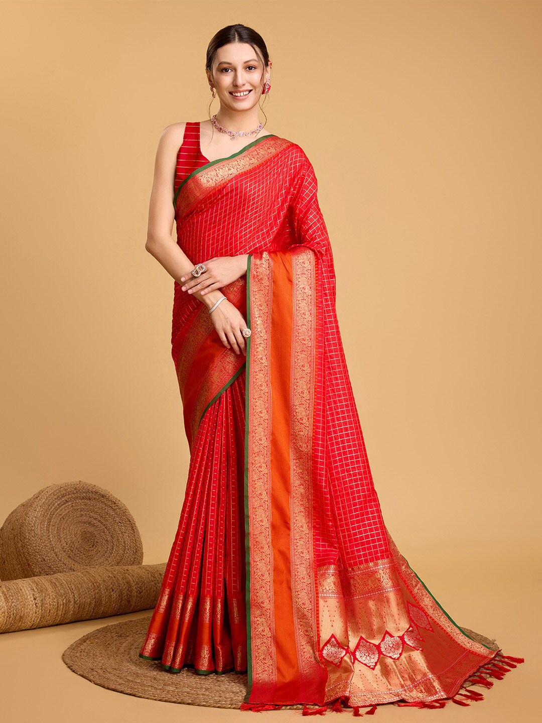 

Ishin Woven Design Zari Silk Blend Saree, Red