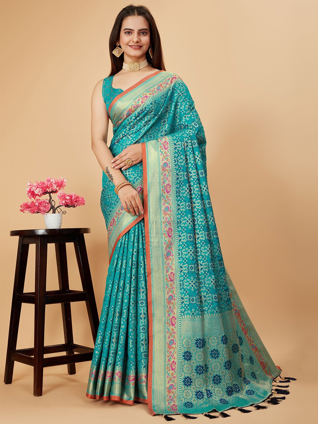 

Ishin Woven Design Zari Silk Blend Patola Saree, Blue