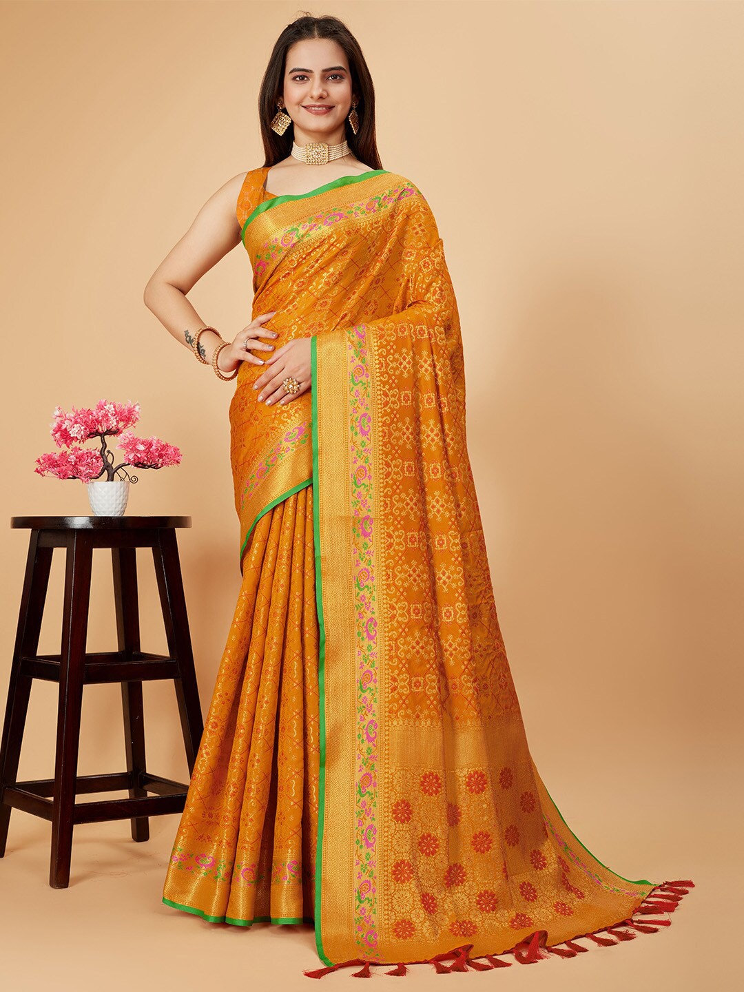 

Ishin Woven Design Zari Silk Blend Patola Saree, Mustard