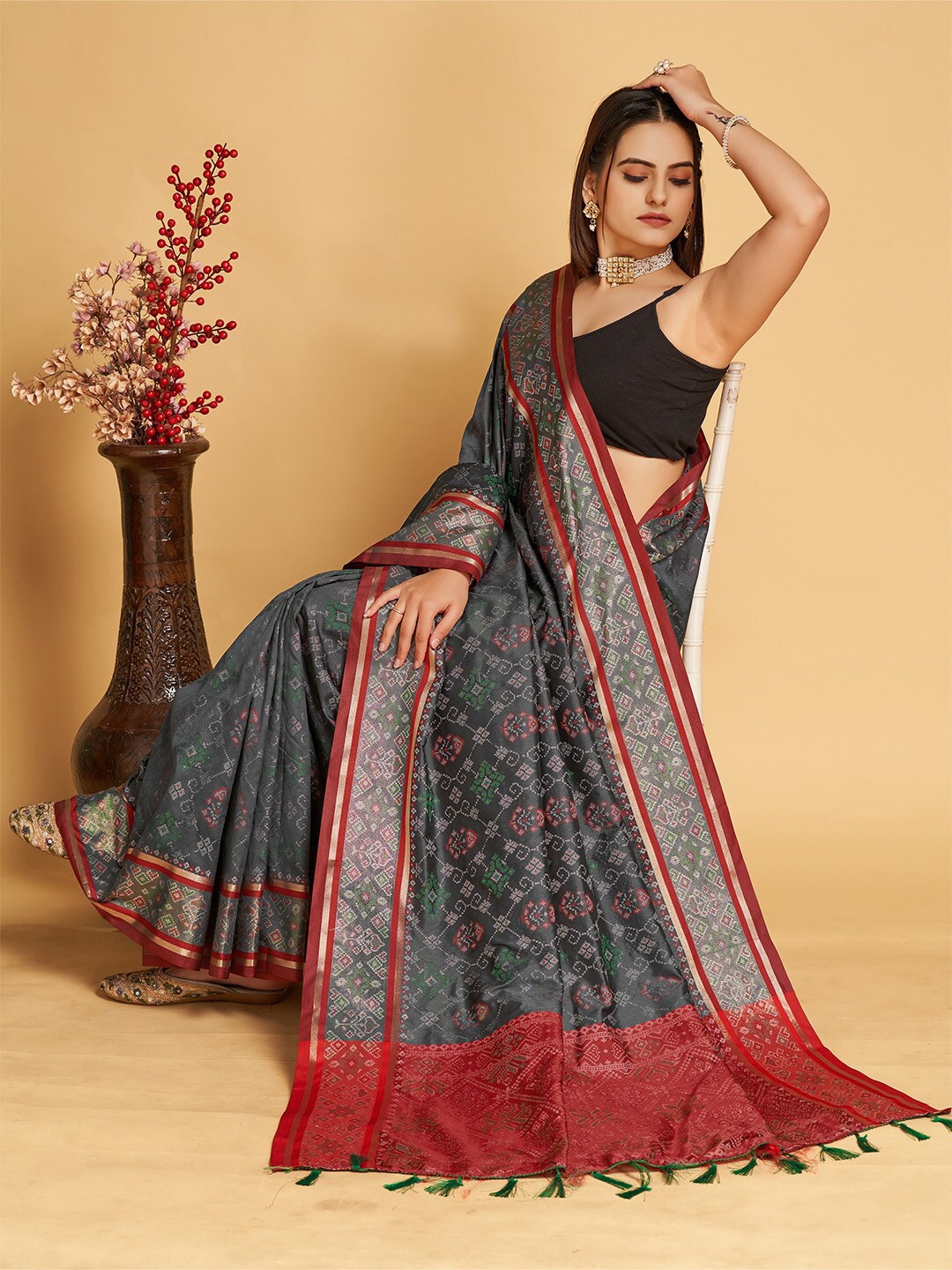 

Ishin Woven Design Zari Silk Blend Patola Saree, Grey