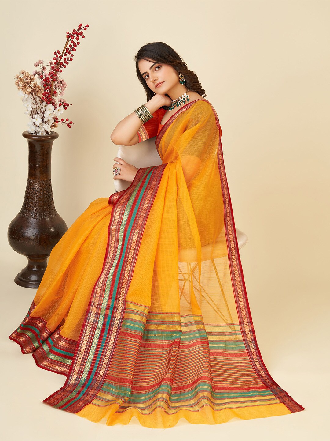 

Ishin Woven Design Zari Kota Saree, Mustard