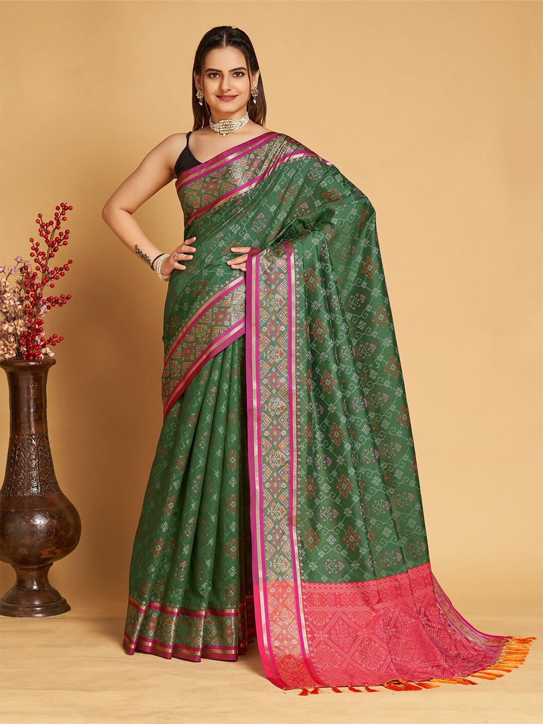 

Ishin Woven Design Zari Silk Blend Patola Saree, Green