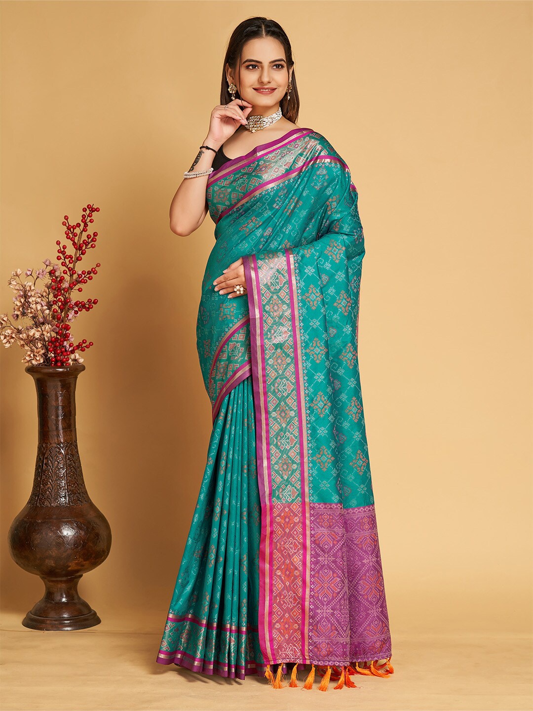 

Ishin Women Woven Design Zari Silk Blend Patola Saree With Blouse Piece, Blue