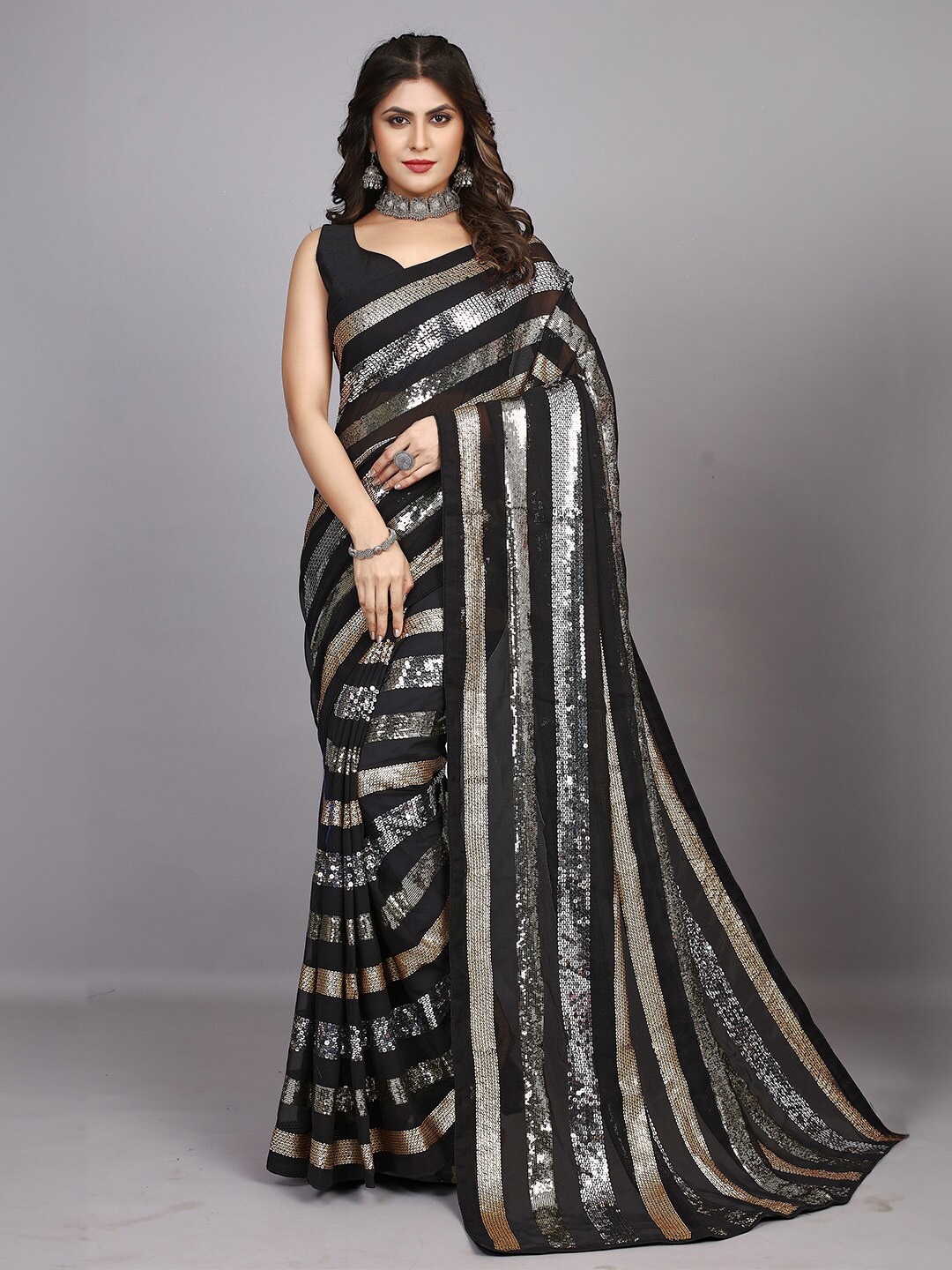 

Ishin Women Embellished Sequinned Poly Georgette Saree With Blouse Piece, Black