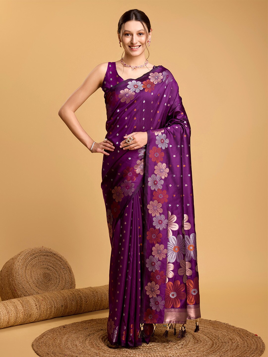 

Ishin Woven Design Zari Silk Blend Saree, Purple