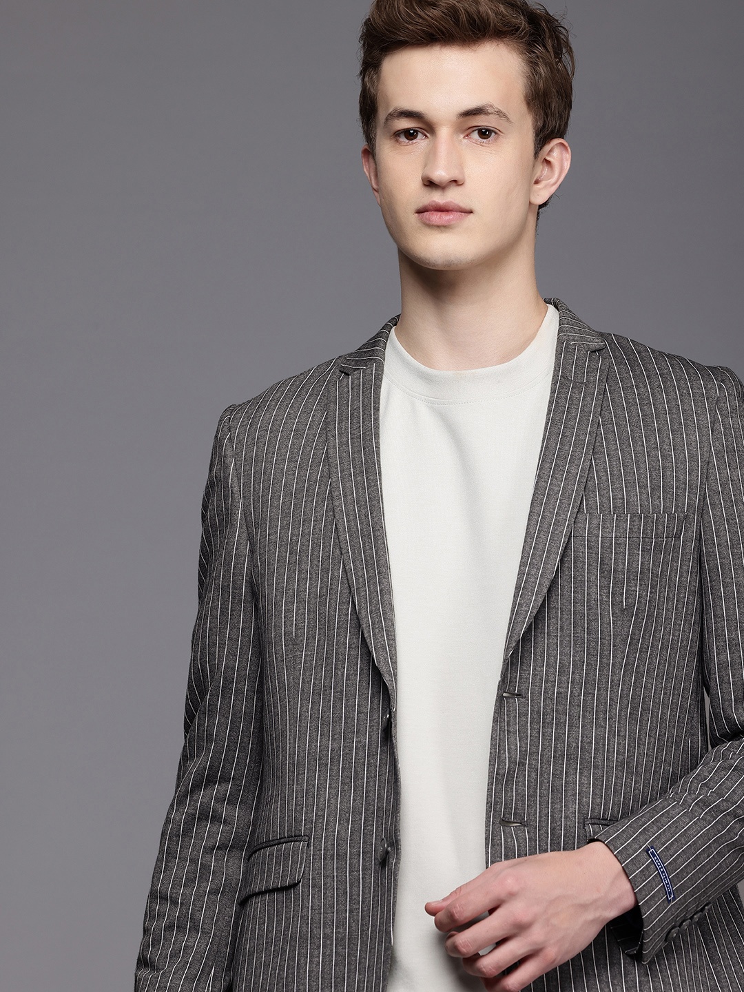 

Louis Philippe Sport Striped Super Slim Fit Single-Breasted Semiformal Blazer, Grey