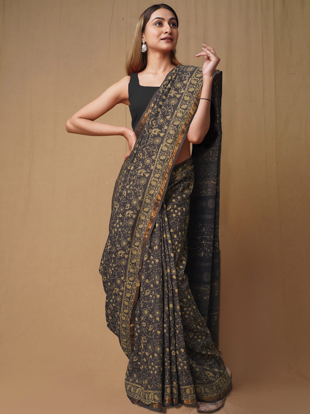 

Unnati Silks Ajrak Block Zari Pure Silk Handloom Chanderi Saree, Grey