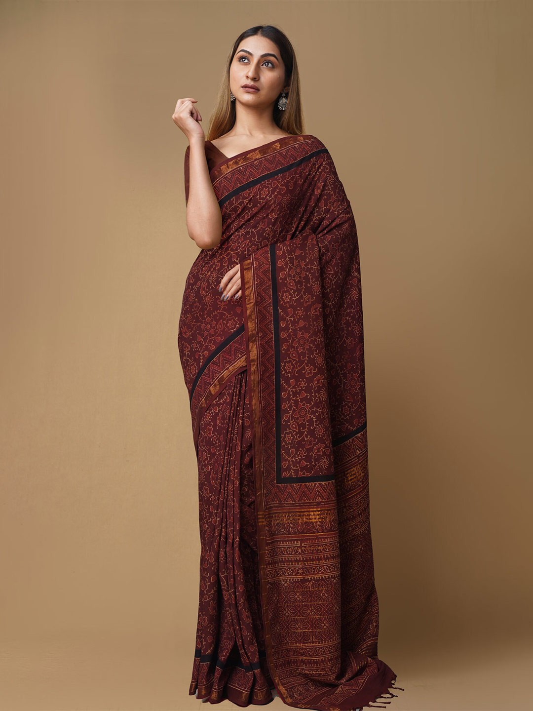 

Unnati Silks Ajrak Block Zari Pure Silk Handloom Chanderi Saree, Brown