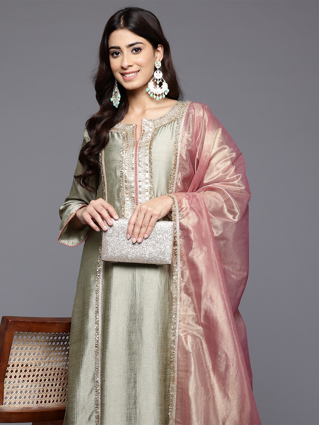 

Varanga Floral Yoke Design Sequinned Panelled Anarkali Kurta With Palazzo & Dupatta, Green