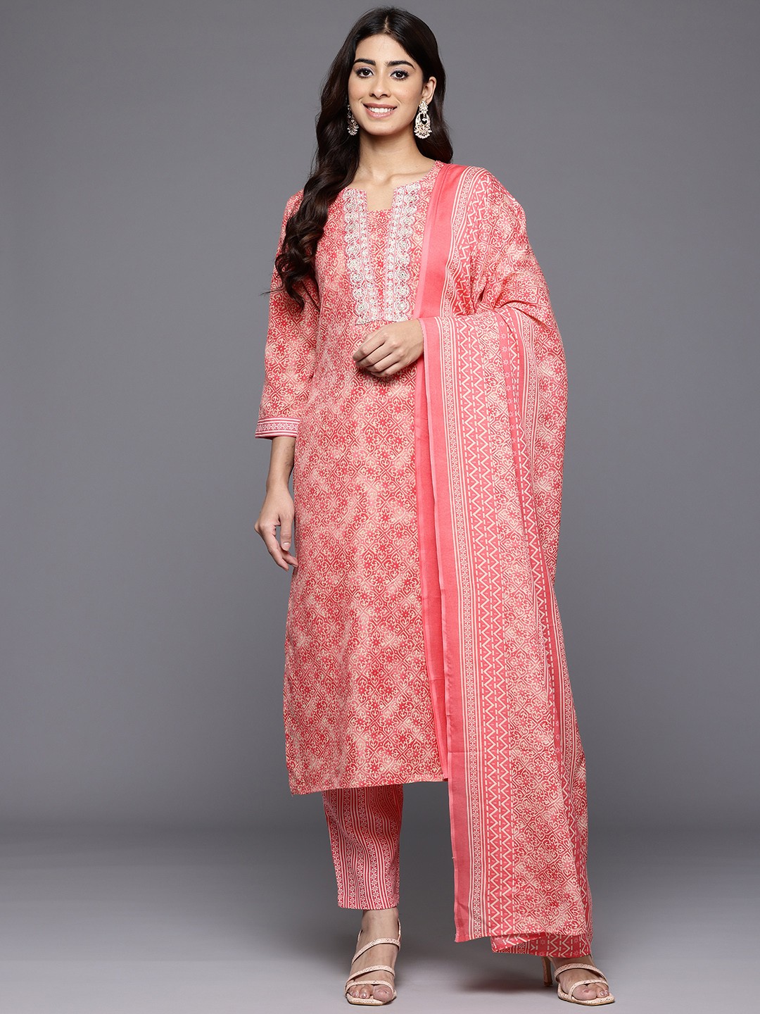 

Varanga Ethnic Motifs Printed Zari Kurta With Trousers & Dupatta, Coral