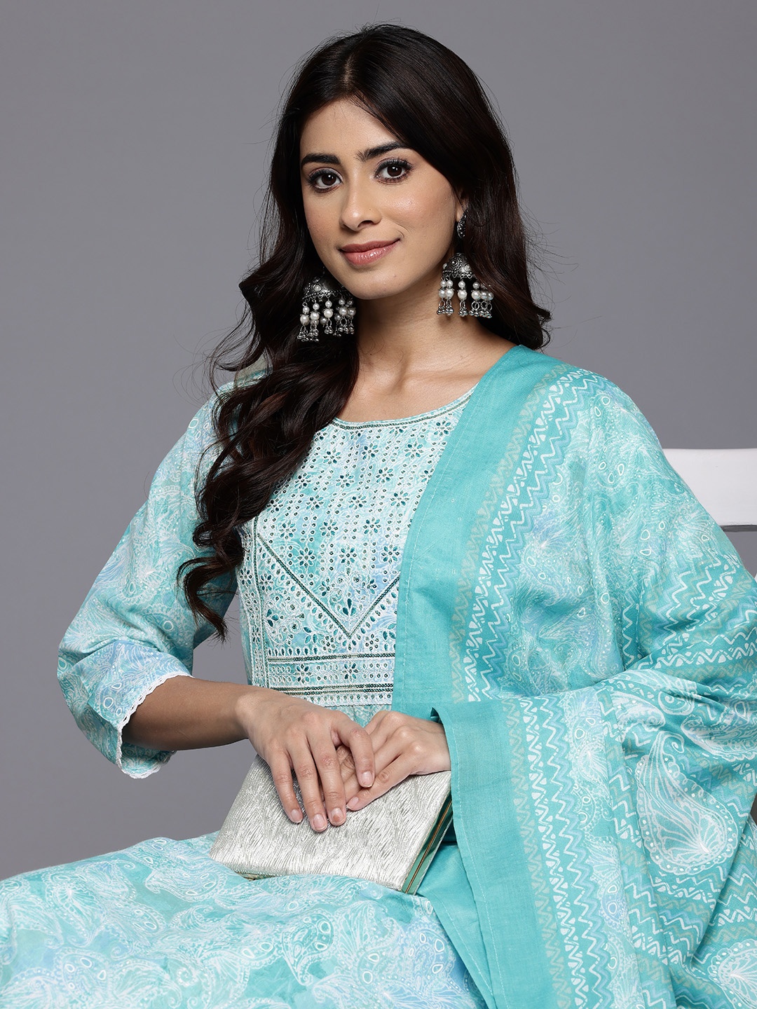 

Varanga Paisley Printed Sequinned Kurta With Trousers & Dupatta, Blue