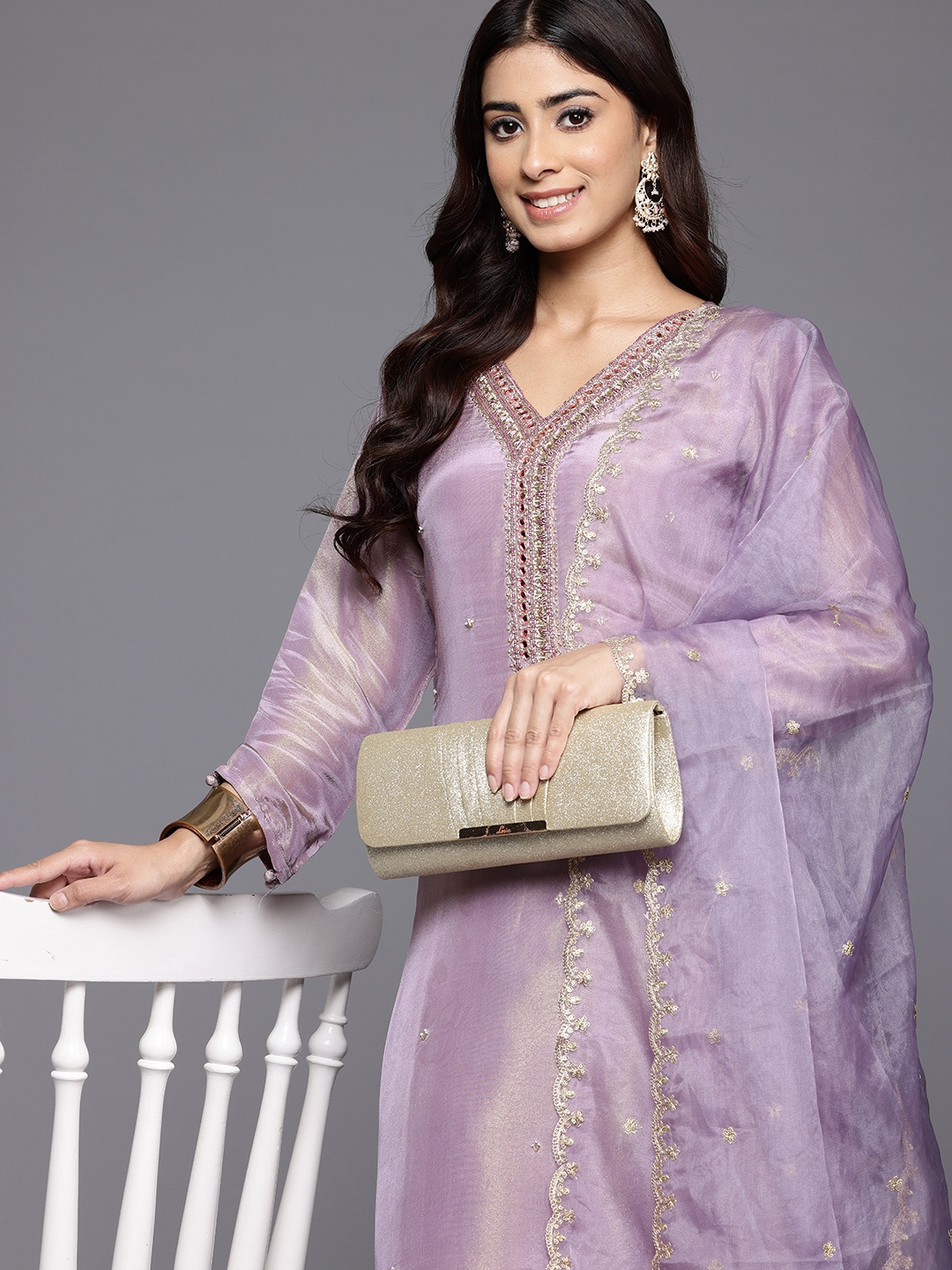 

Varanga Ethnic Motifs Embroidered Sequinned Pure Silk Kurta With Trousers & Dupatta, Lavender