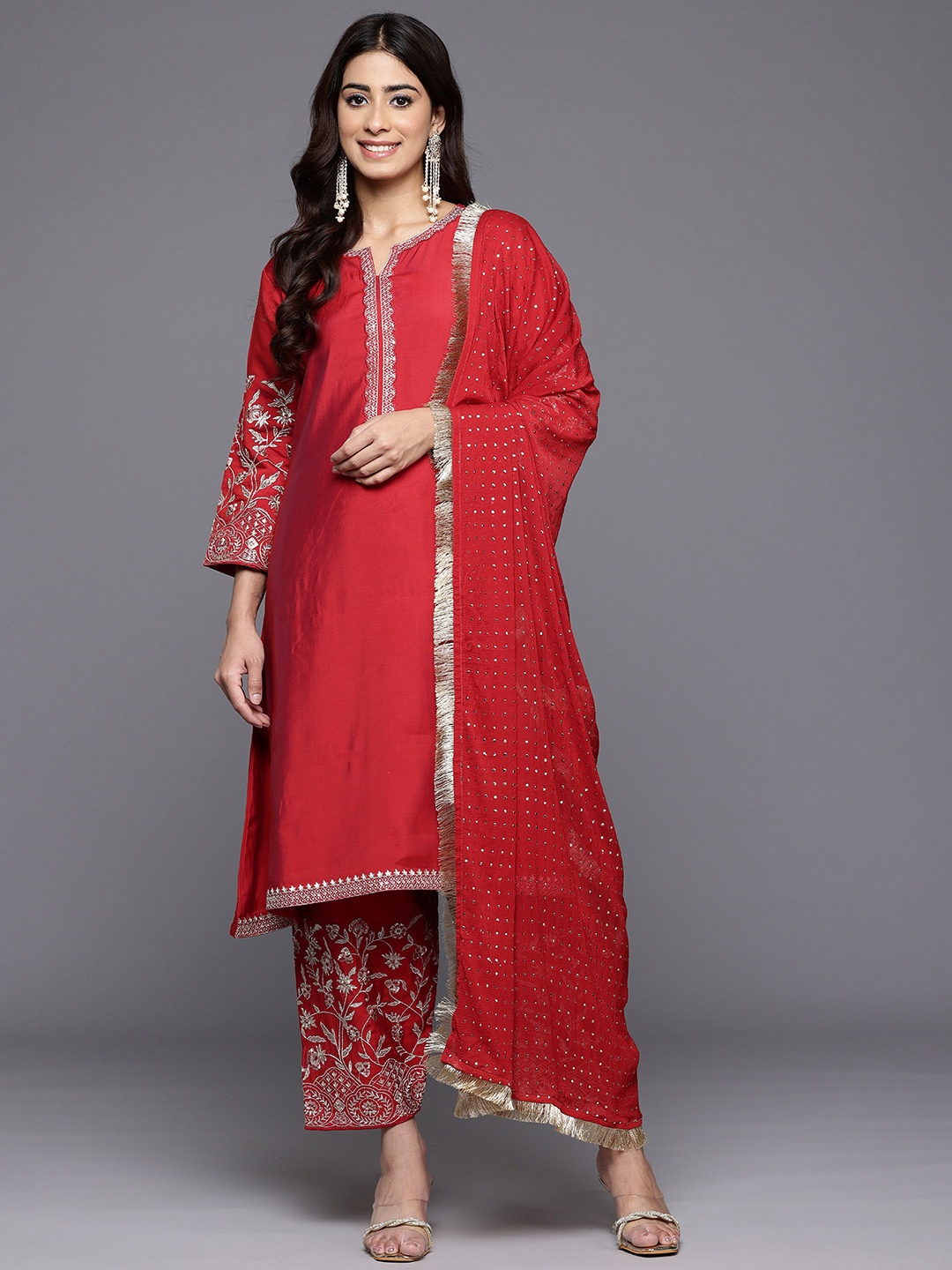 

Varanga Women Zari & Sequin Embroidered Kurta with Salwar & Dupatta, Red