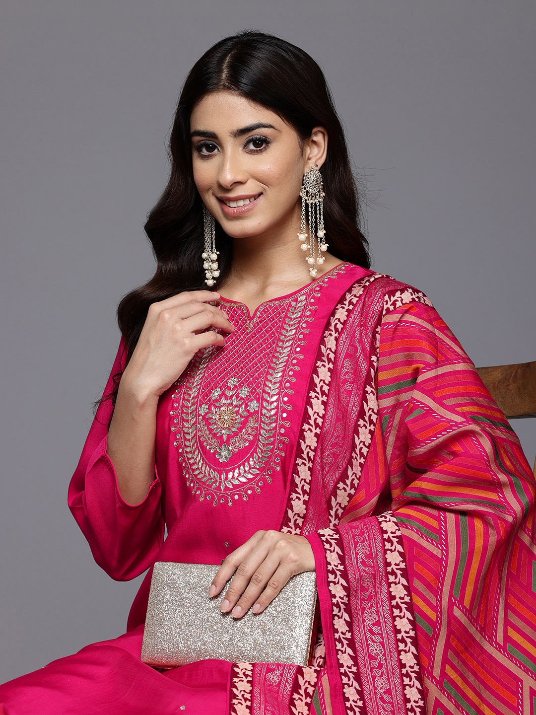 

Varanga Ethnic Motifs Yoke Design Gotta Patti Kurta With Trousers & Dupatta, Pink