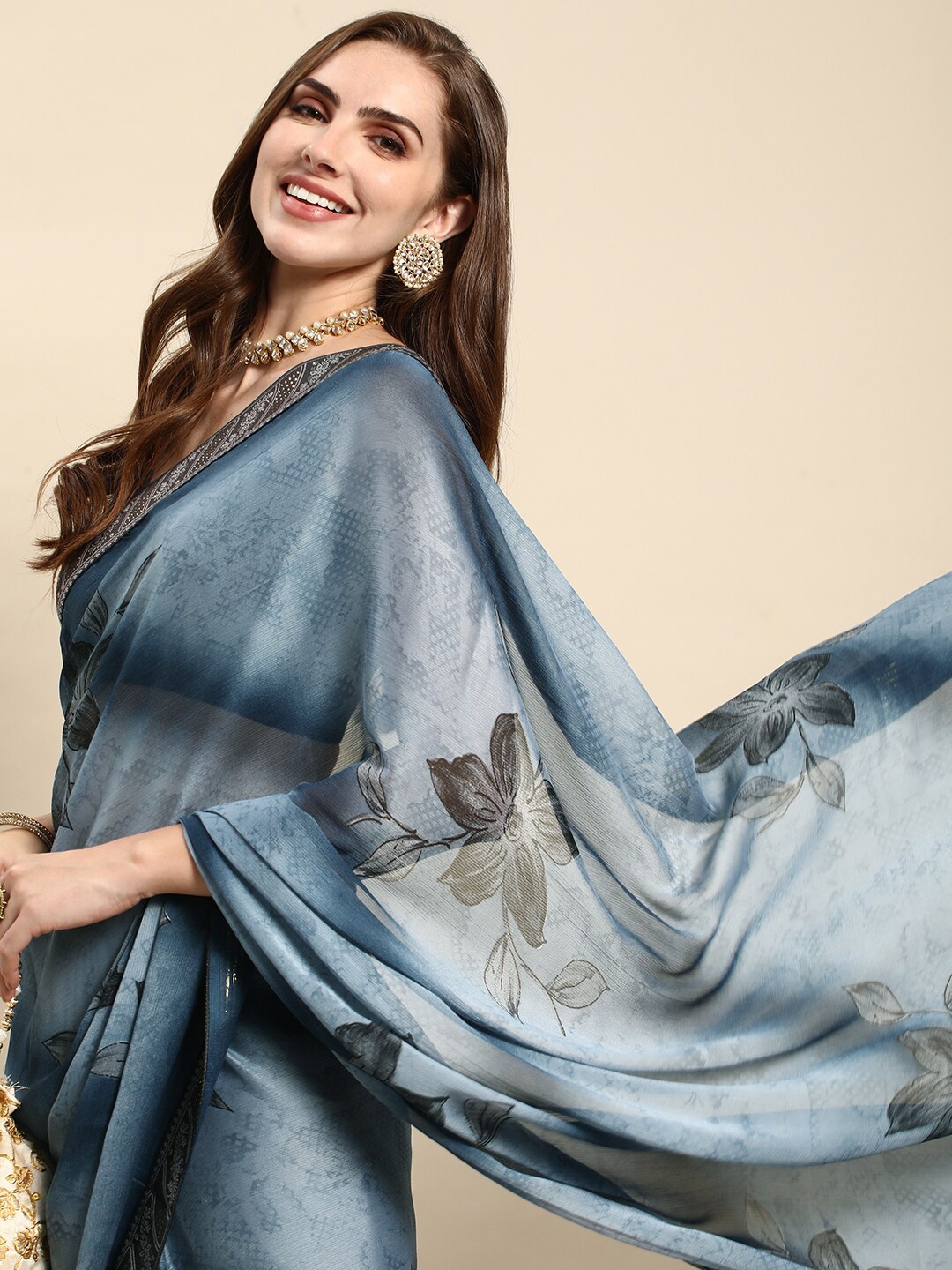 

RATAN Floral Poly Chiffon Saree, Blue