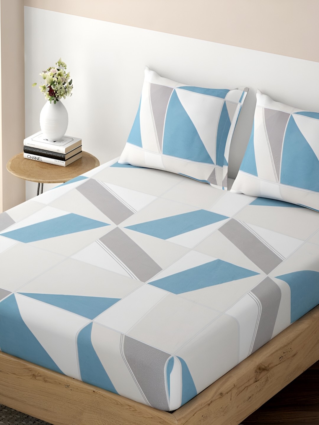 

HOKIPO Blue & Grey Geometric Printed Microfiber Fitted Single Bedsheet with 1 Pillow Cover