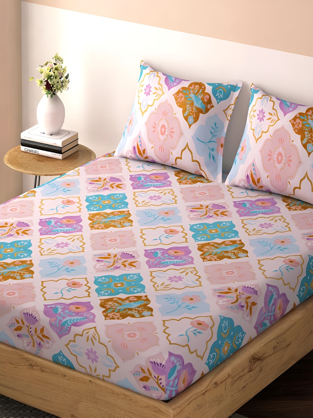

HOKIPO Purple Ethnic Motifs Printed Microfiber Fitted Queen Bedsheet with 2 Pillow Covers