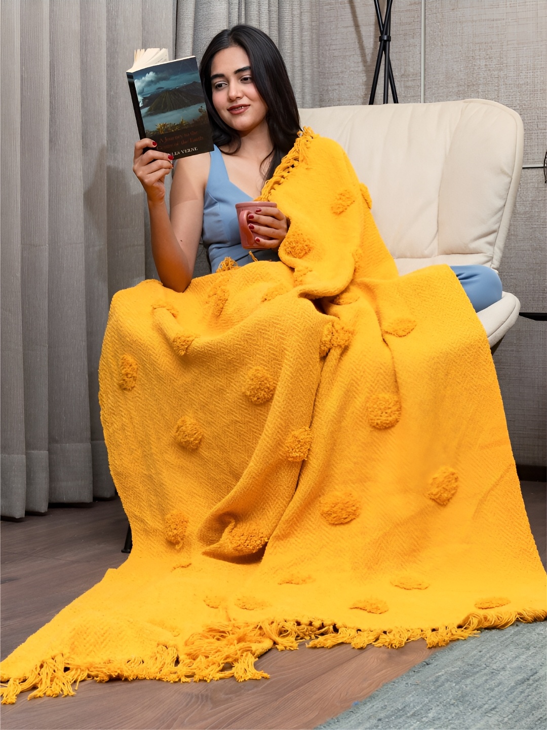 

URBAN SPACE Self Design Cotton Chenille Throw, Yellow