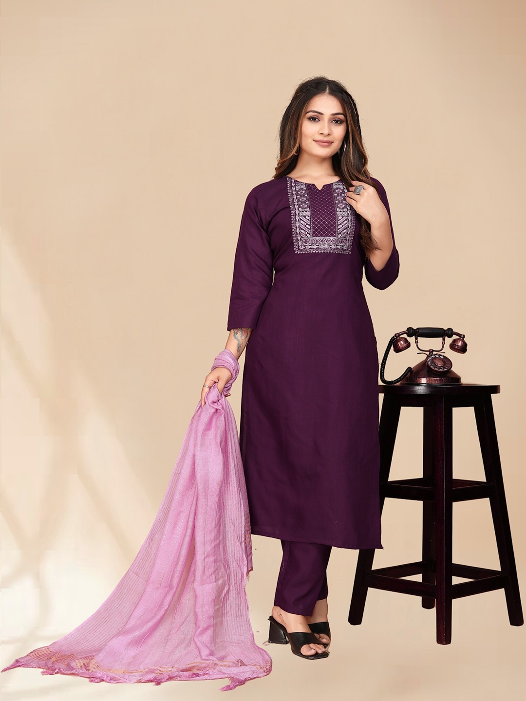 

Anouk Purple Ethnic Motifs Yoke Design Thread Work Straight Kurta With Trousers & Dupatta