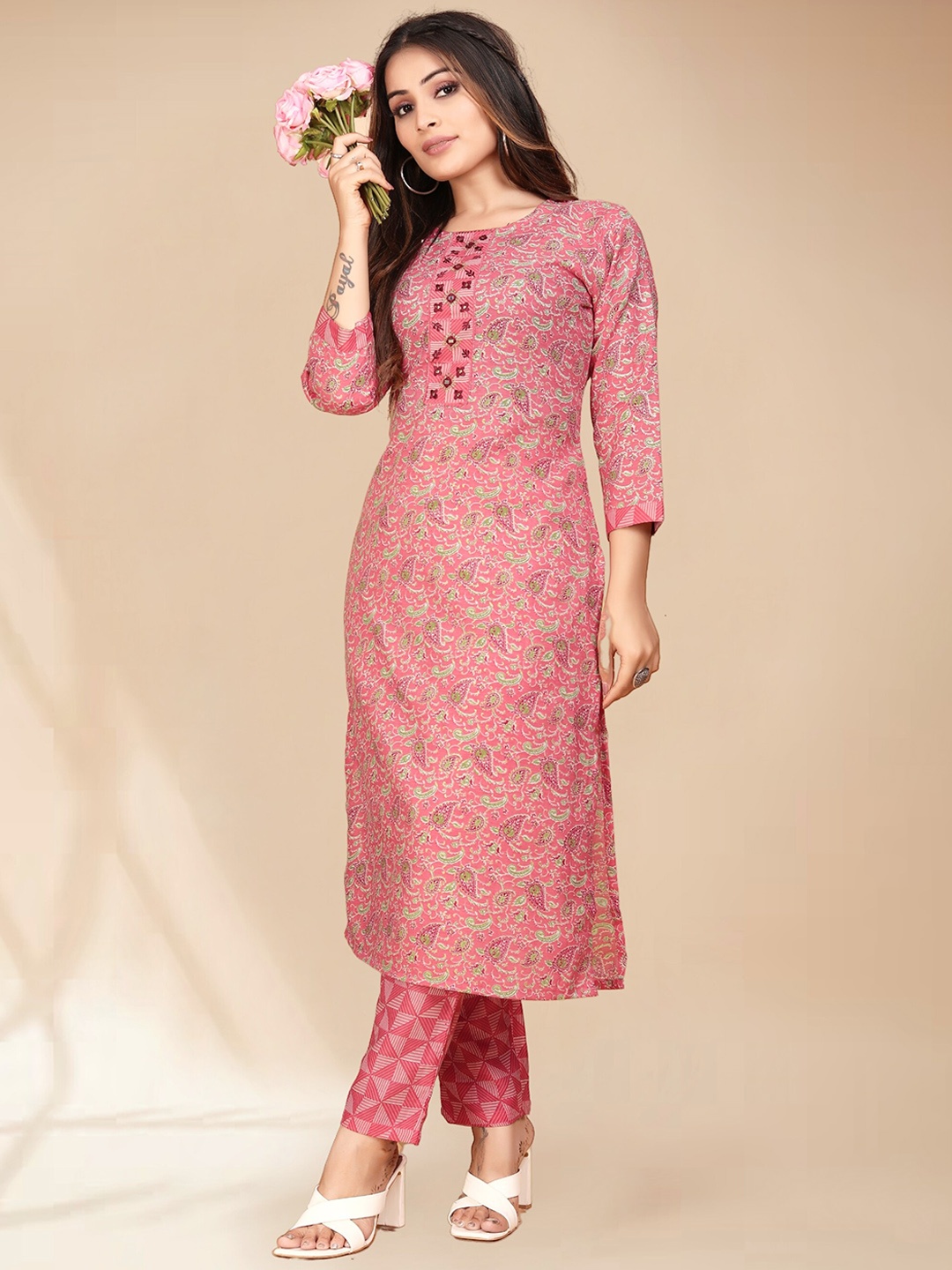 

Anouk Pink Ethnic Motifs Printed Round Neck Regular Mirror Work Kurta & Trousers