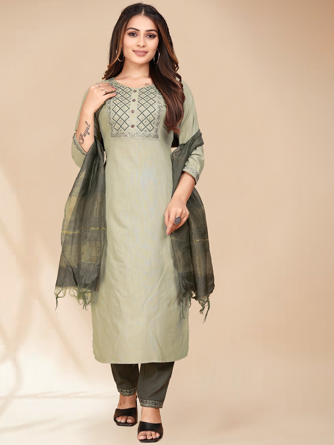 

Anouk Pista Green Ethnic Motifs Yoke Design Sequinned Kurta with Trousers & Dupatta