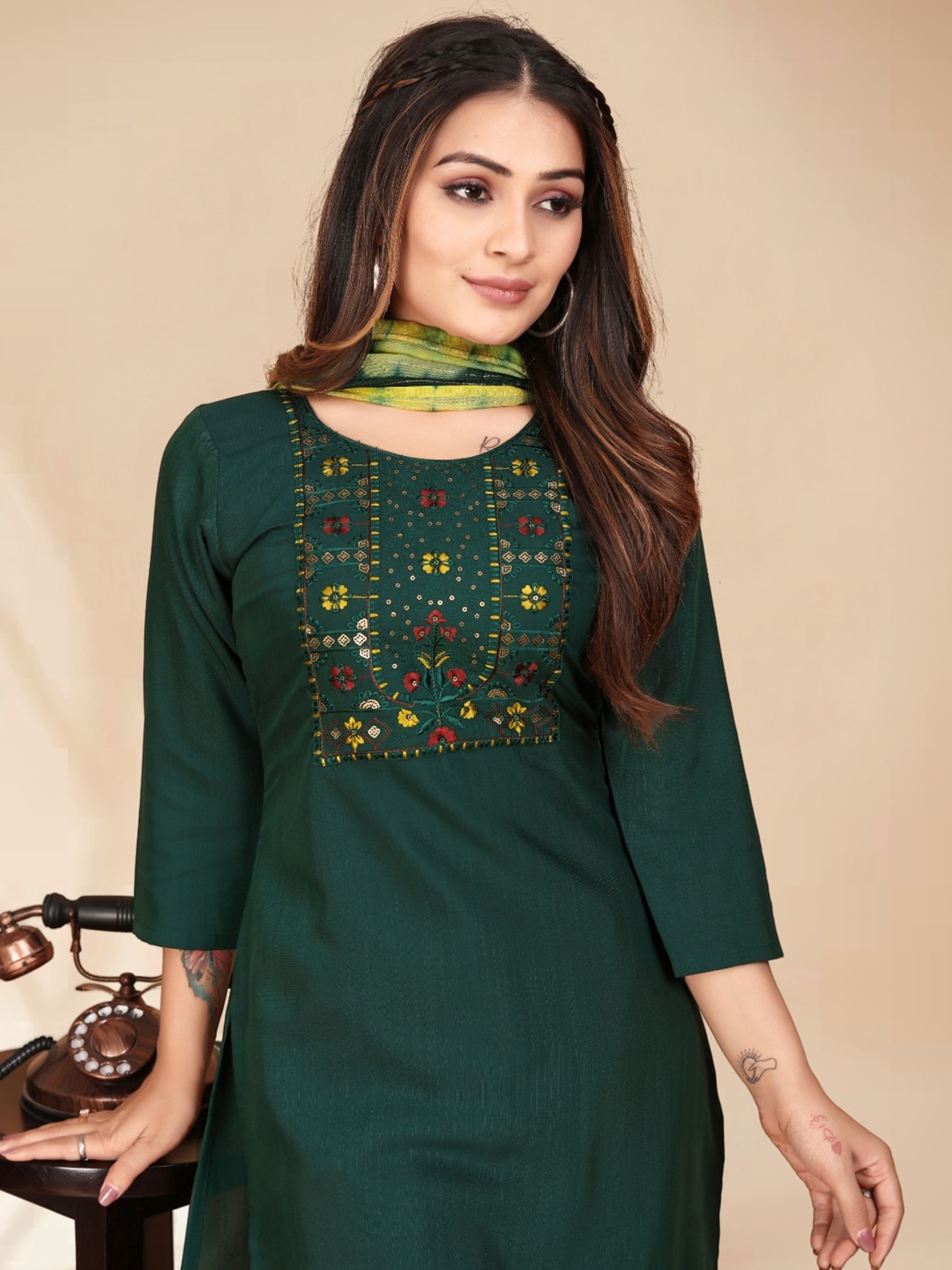 

Anouk Green Ethnic Motifs Yoke Design Thread Work Kurta with Trousers & Dupatta