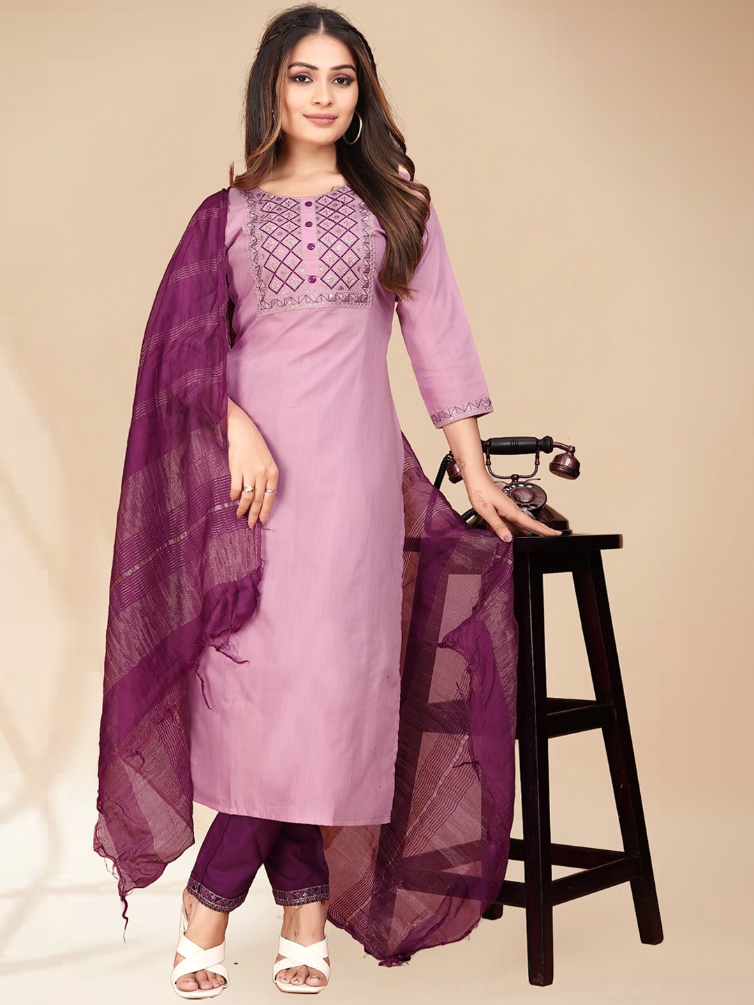 

Anouk Pink Ethnic Motifs Yoke Design Thread Work Kurta with Trousers & Dupatta