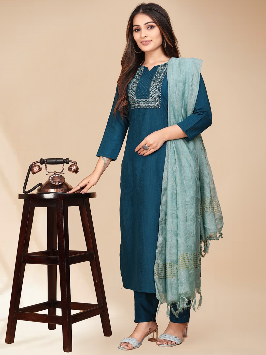 

Anouk Teal Blue Ethnic Motifs Yoke Design Thread Work Kurta with Trousers & Dupatta