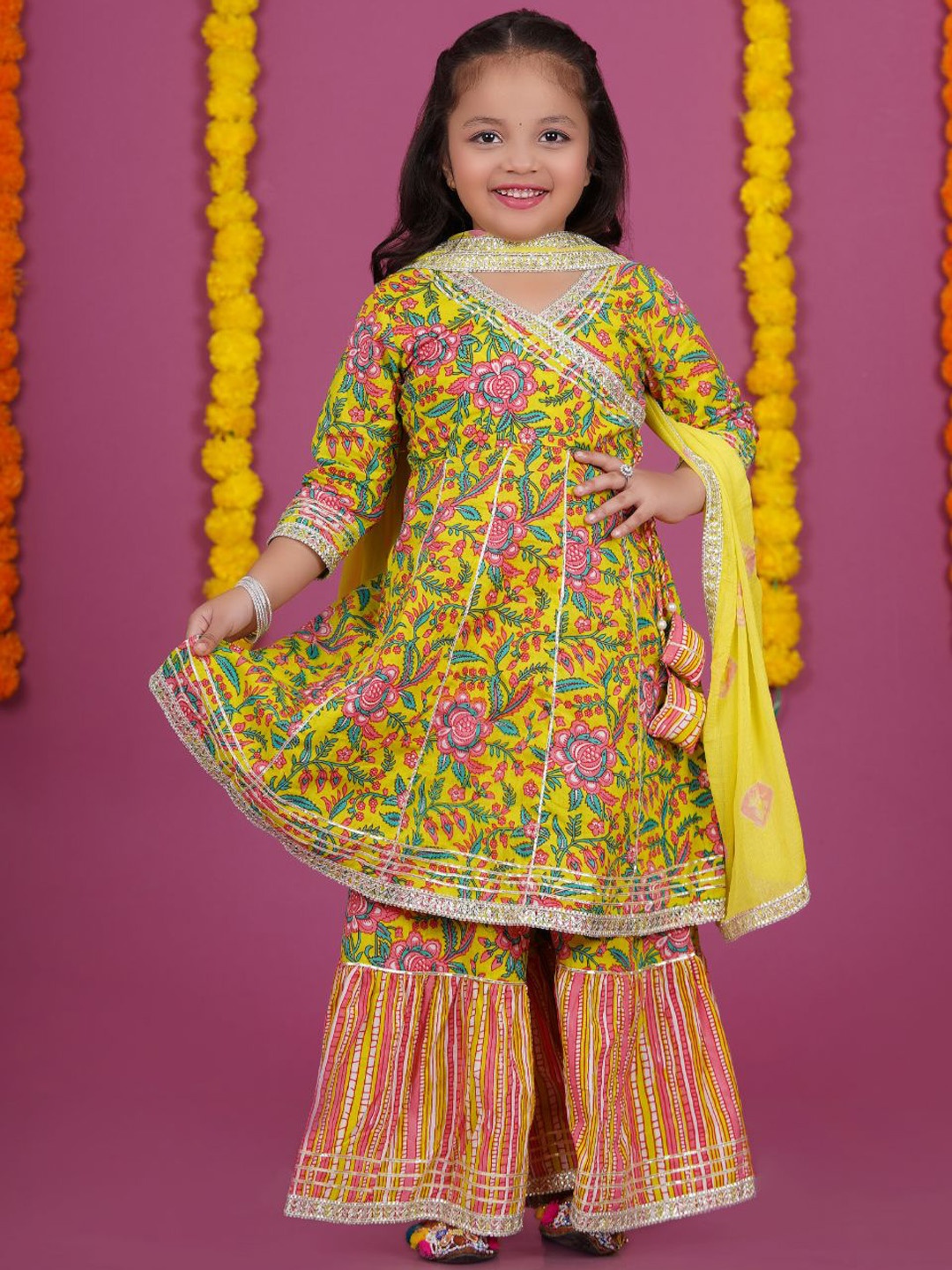 

Stuffie Land Girls Printed Angrakha Gotta Patti Pure Cotton Kurta with Sharara & Dupatta, Yellow