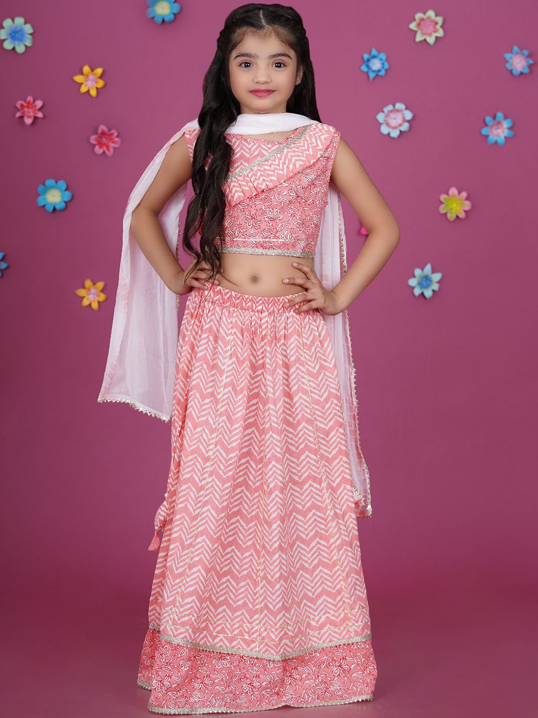 

Stuffie Land Girls Printed Gotta Patti Cotton Ready to Wear Lehenga & Choli With Dupatta, Pink