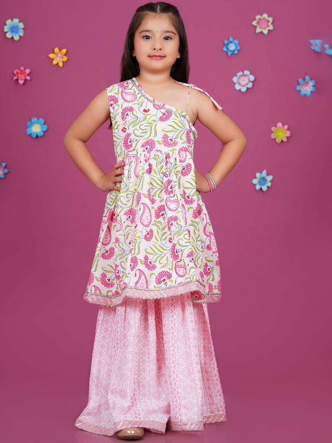 

Stuffie Land Girls Ethnic Motifs Printed Empire Gotta Patti Pure Cotton Kurta with Sharara, Pink