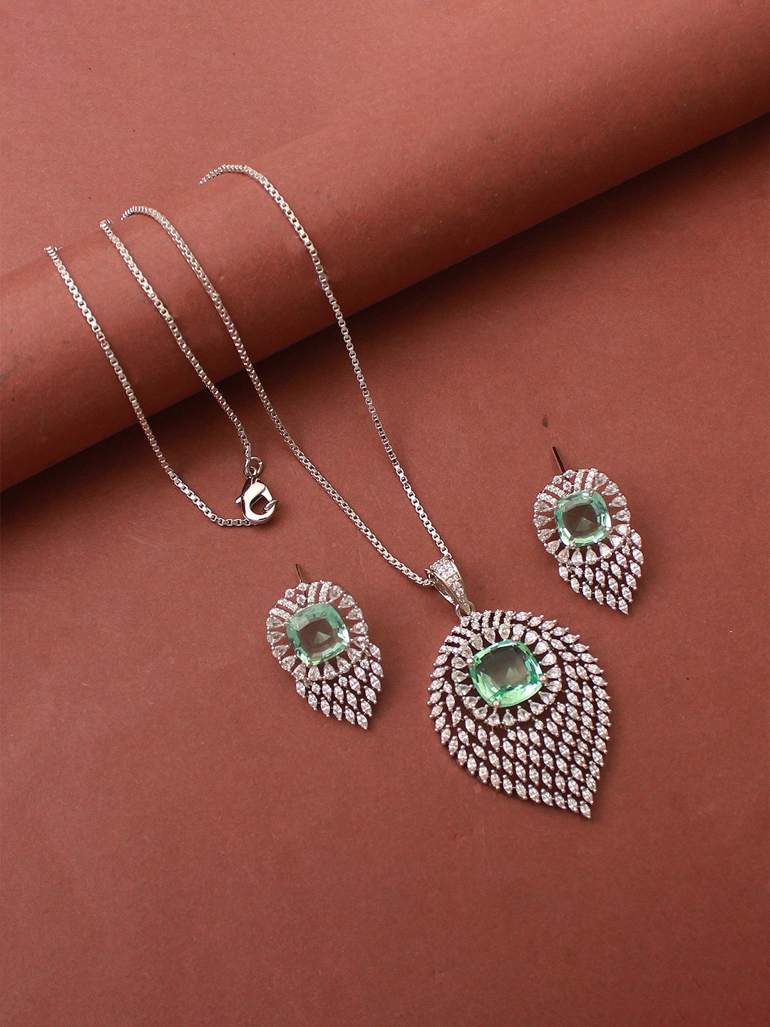 

Mirana Rhodium-Plated Cubic Zirconia Studded Feather Shaped Pendants with Chains, Sea green