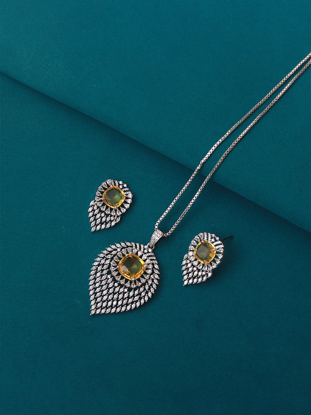 

Mirana Rhodium Plated Cubic Zirconia-Studded Jewellery Set, Yellow