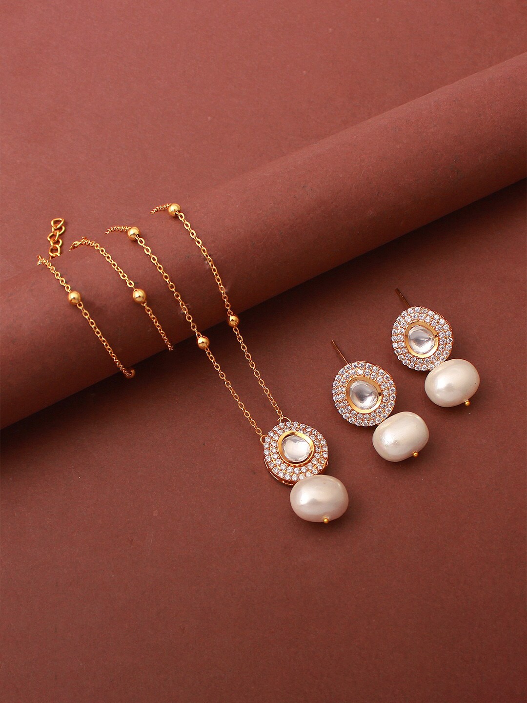 

Mirana Gold Plated Cubic Zirconia-Studded & Beaded Necklace and Earrings, White