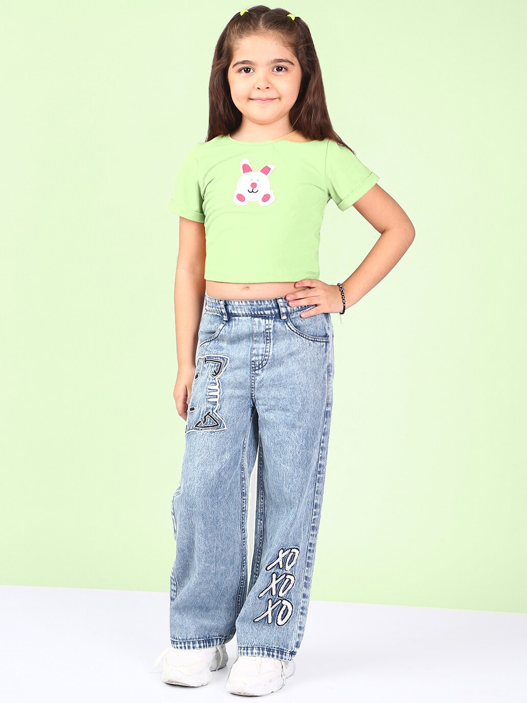 

BAESD Girls Jean Flared Clean Look Heavy Fade Embroidered Pure Cotton Jeans, Blue