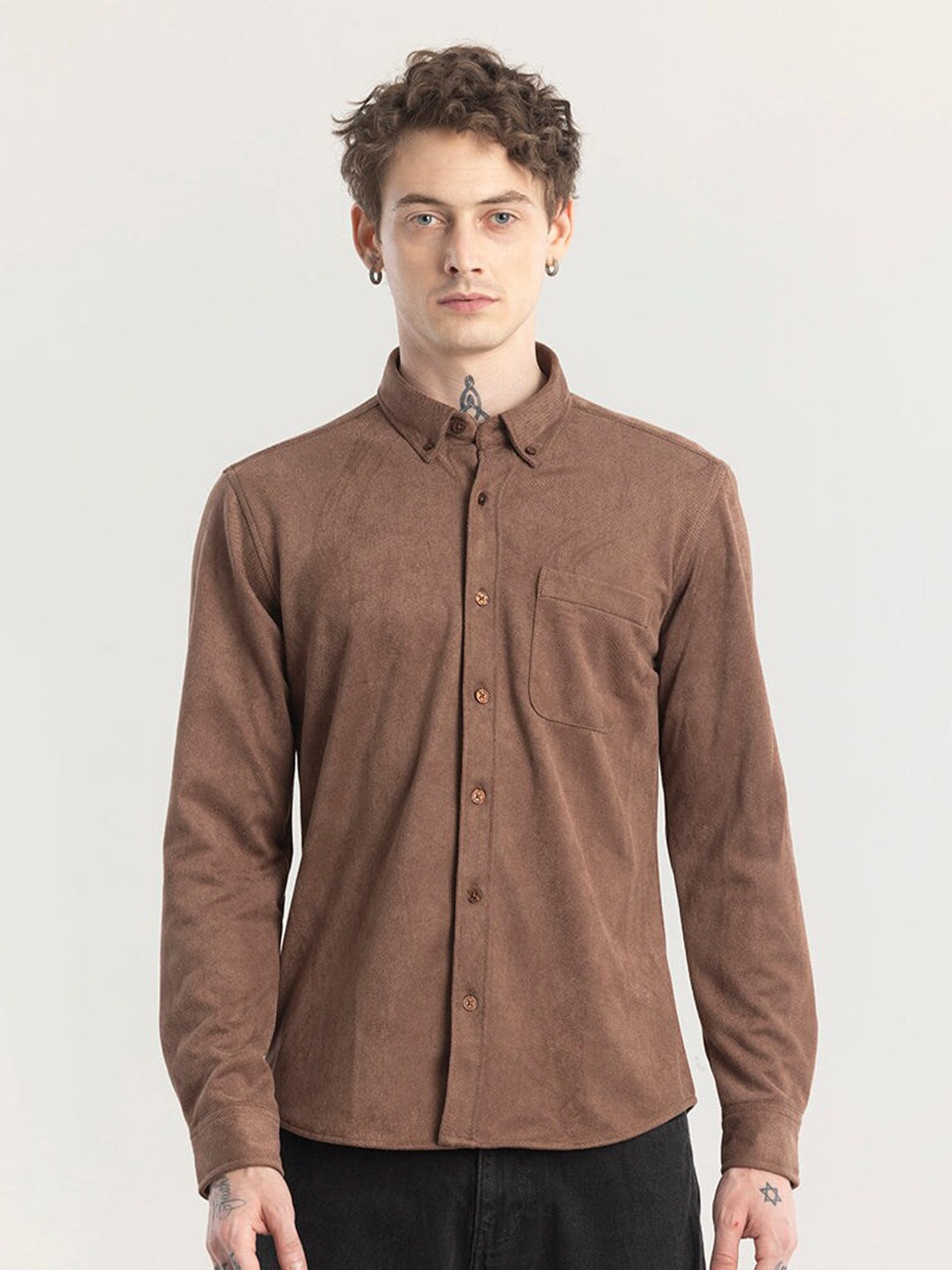 

Snitch Button Down Collar Long Sleeves Classic Slim Fit Cotton Casual Shirt, Brown