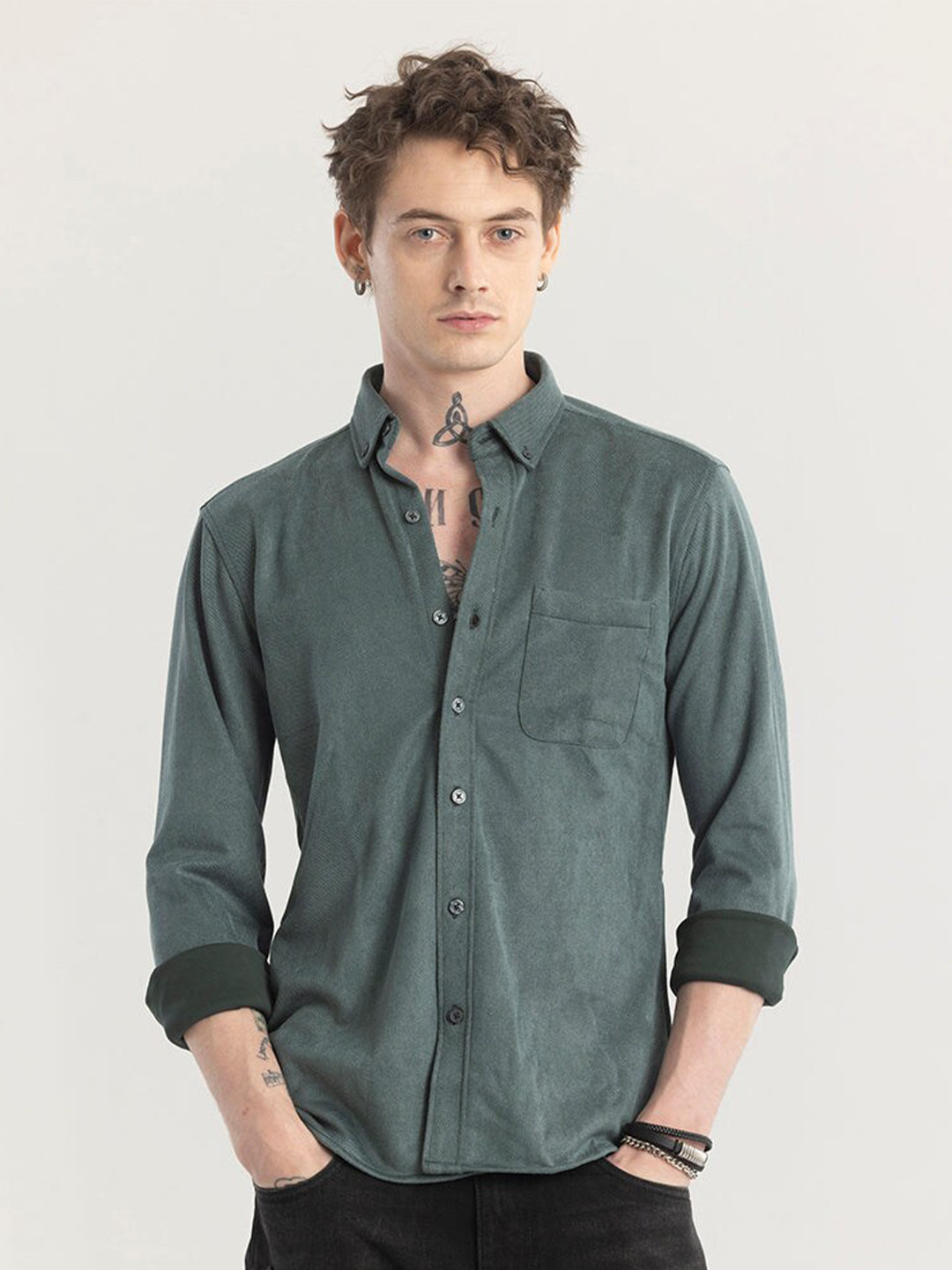 

Snitch Button Down Sleeves Classic Slim Fit Slim Fit Cotton Casual Shirt, Green
