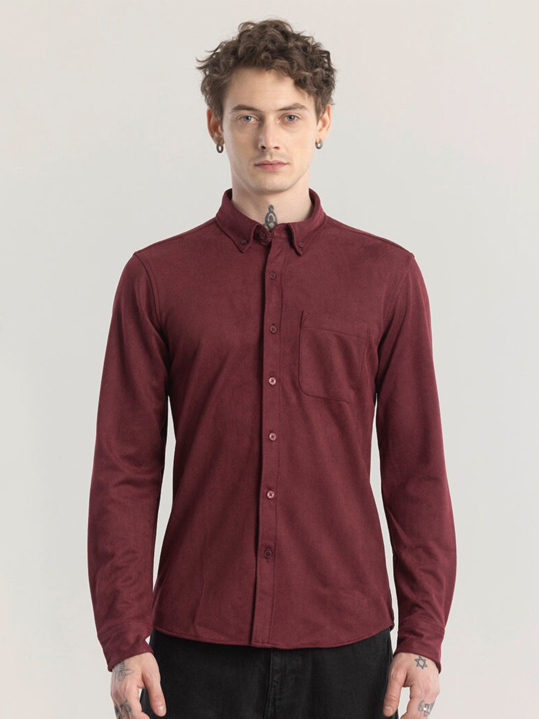 

Snitch Button Down Collar Long Sleeves Classic Slim Fit Cotton Casual Shirt, Maroon