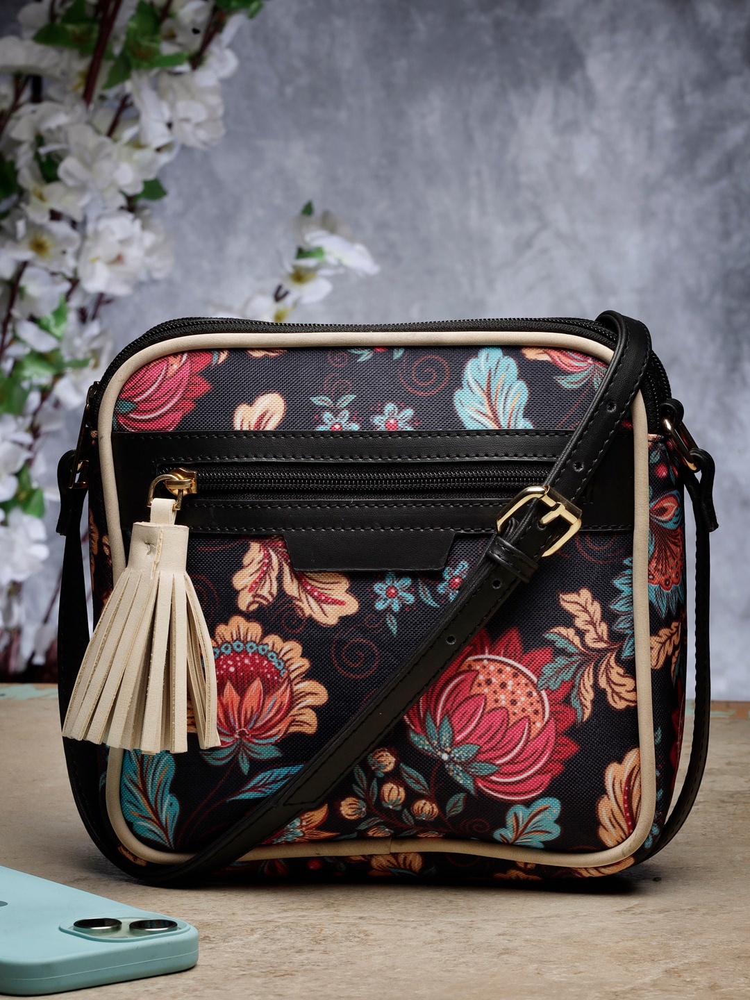 

Sangria Floral Printed Sling Bag, Black