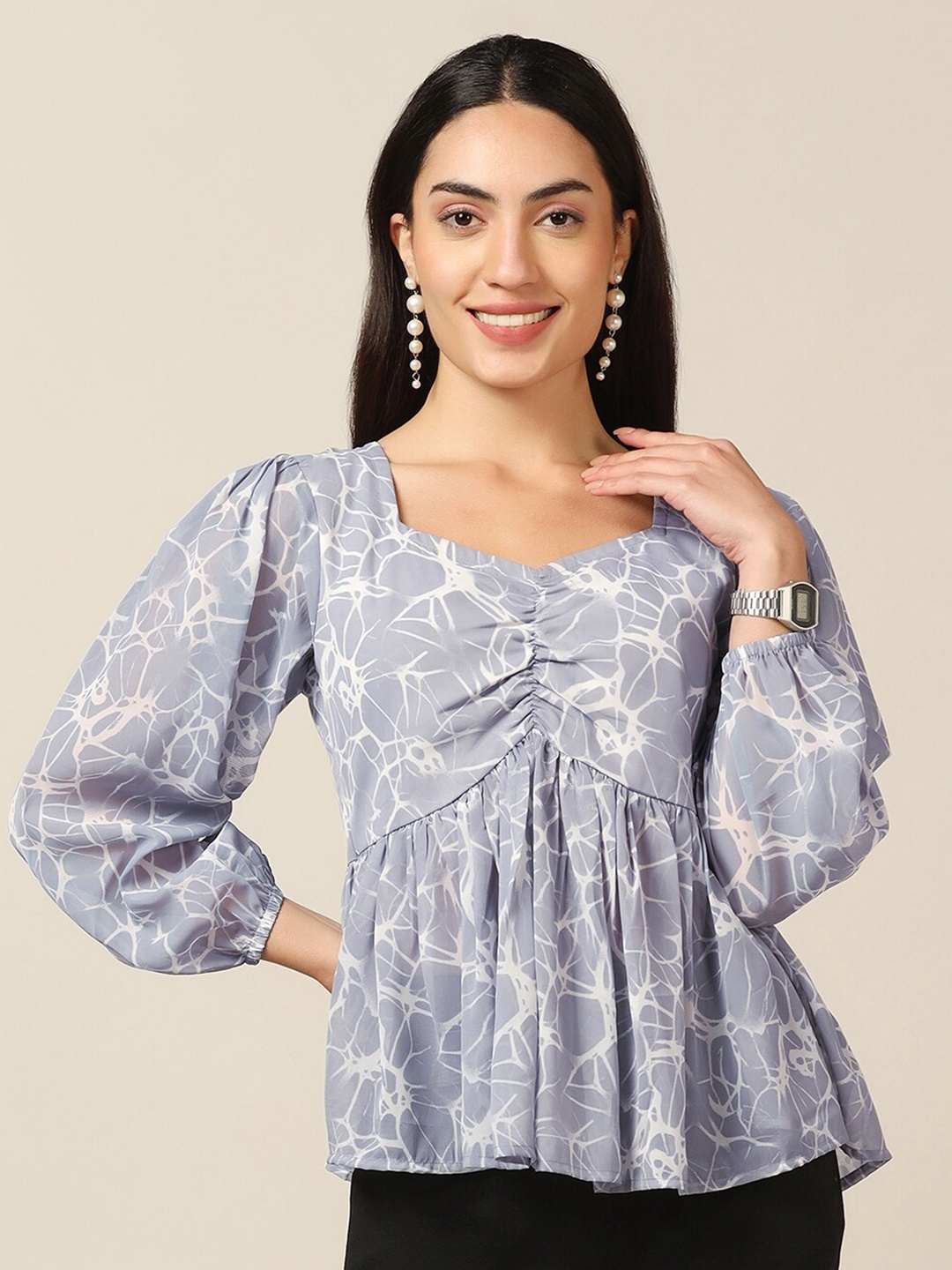 OMPAX Floral Printed Puff Sleeve Georgette Empire Top, Grey