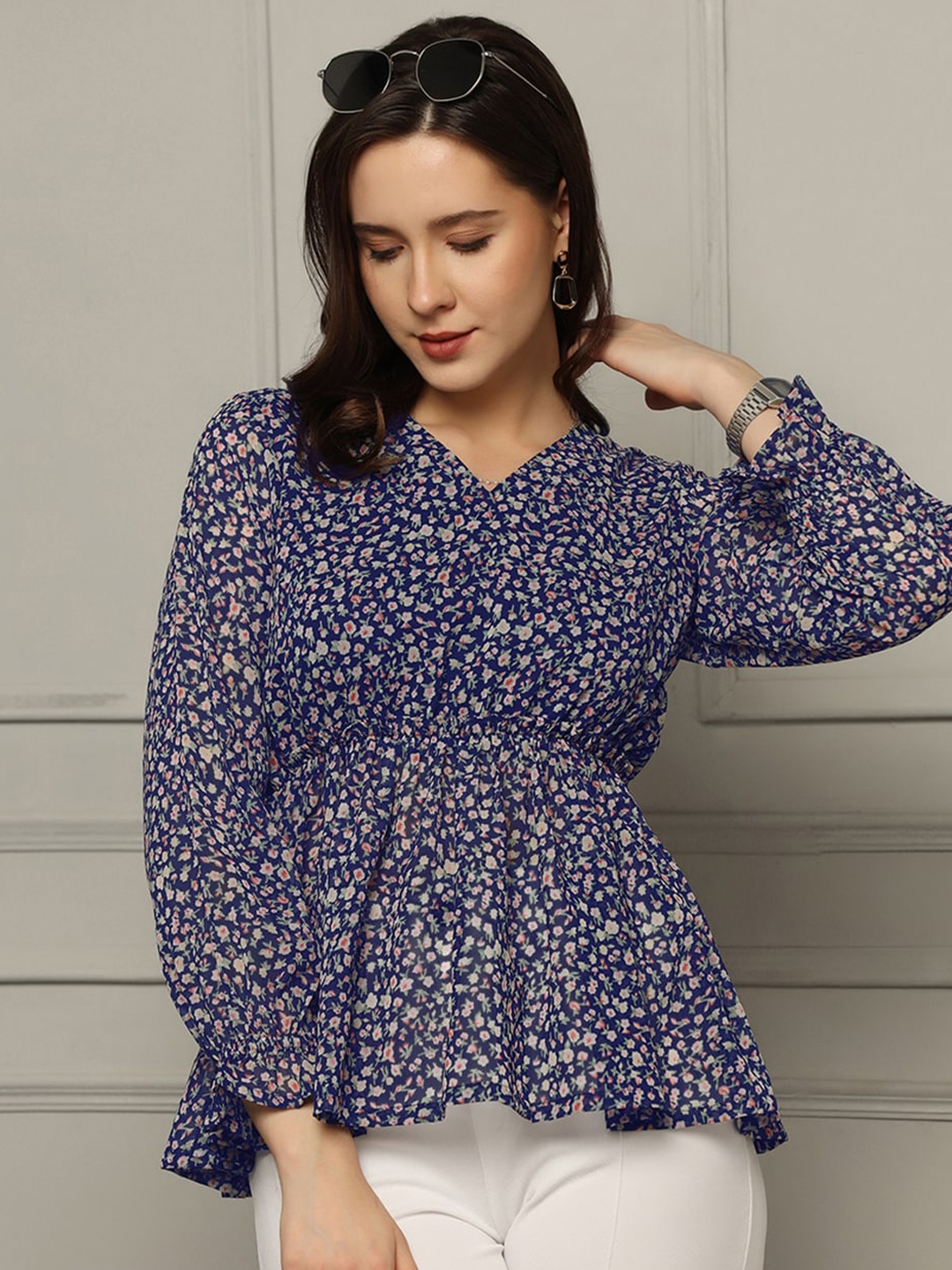 

OMPAX Floral Printed Gathered Puff Sleeves Georgette Cinched Waist Top, Blue