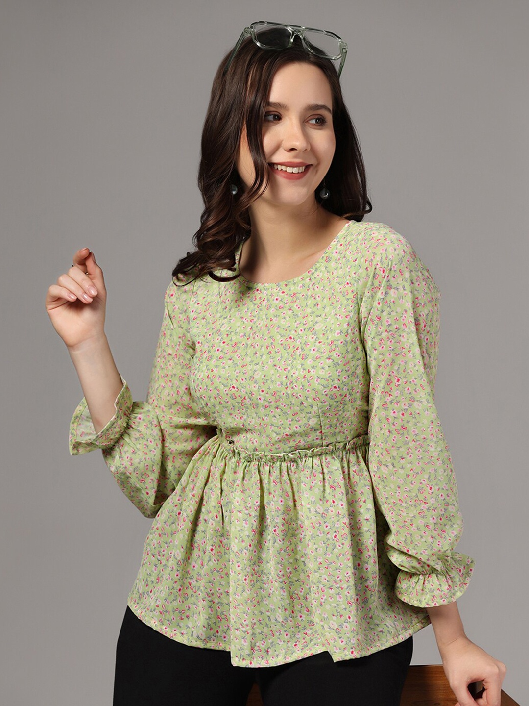 OMPAX Floral Printed Round Neck Cuffed Sleeves Gathered Georgette Cinched Waist Top, Green