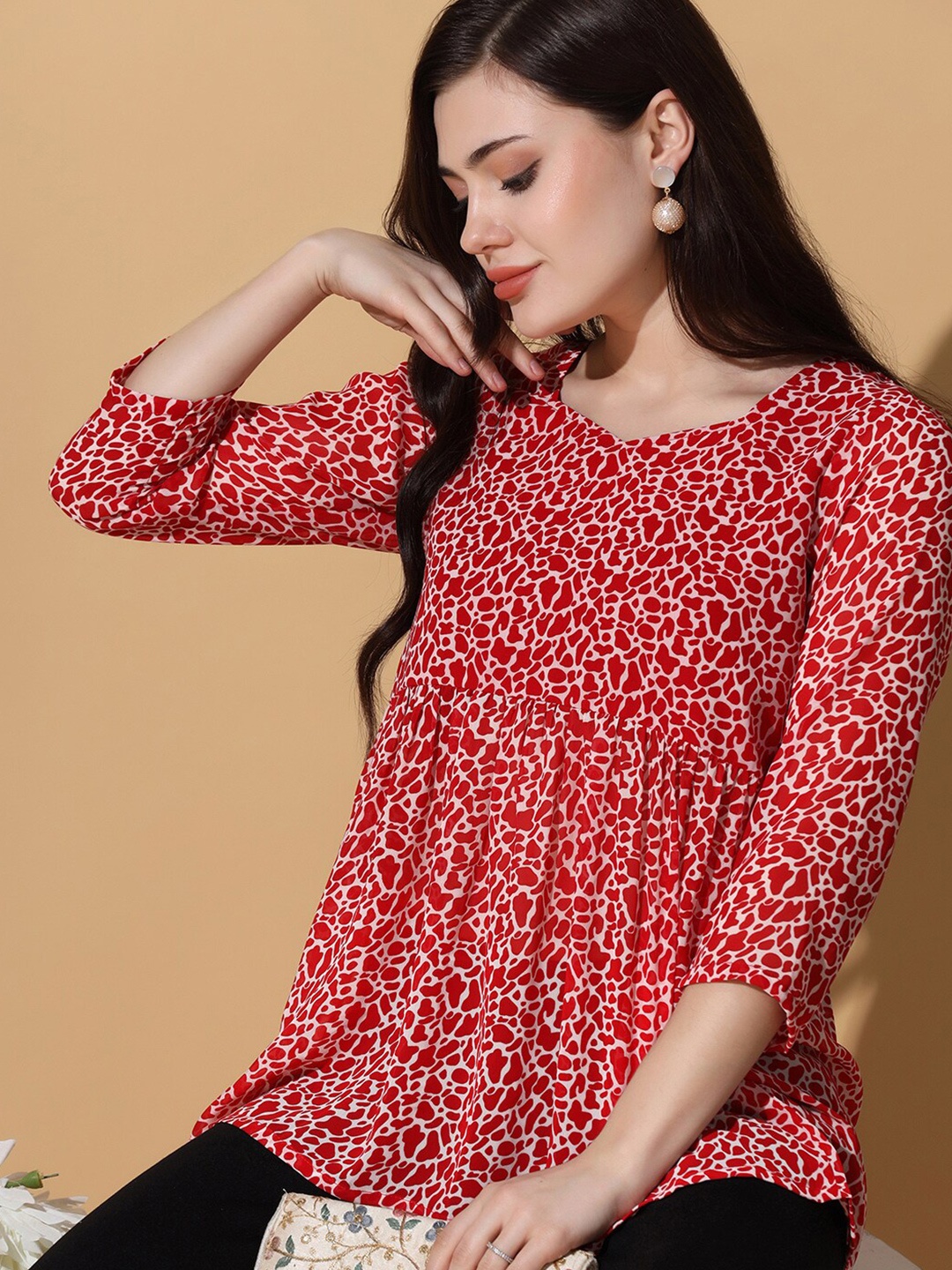 

OMPAX Floral Print Round Neck Regular Sleeves Peplum Top, Red