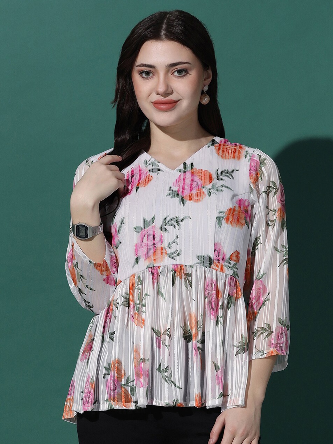 

OMPAX V Neck Ethnic Motifs Print Georgette Top, White