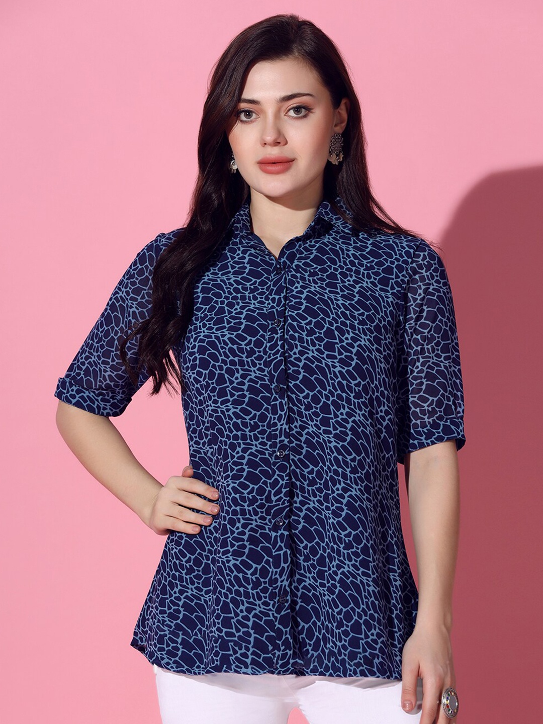 

OMPAX Abstract Print Georgette Shirt Style Casual Top, Blue