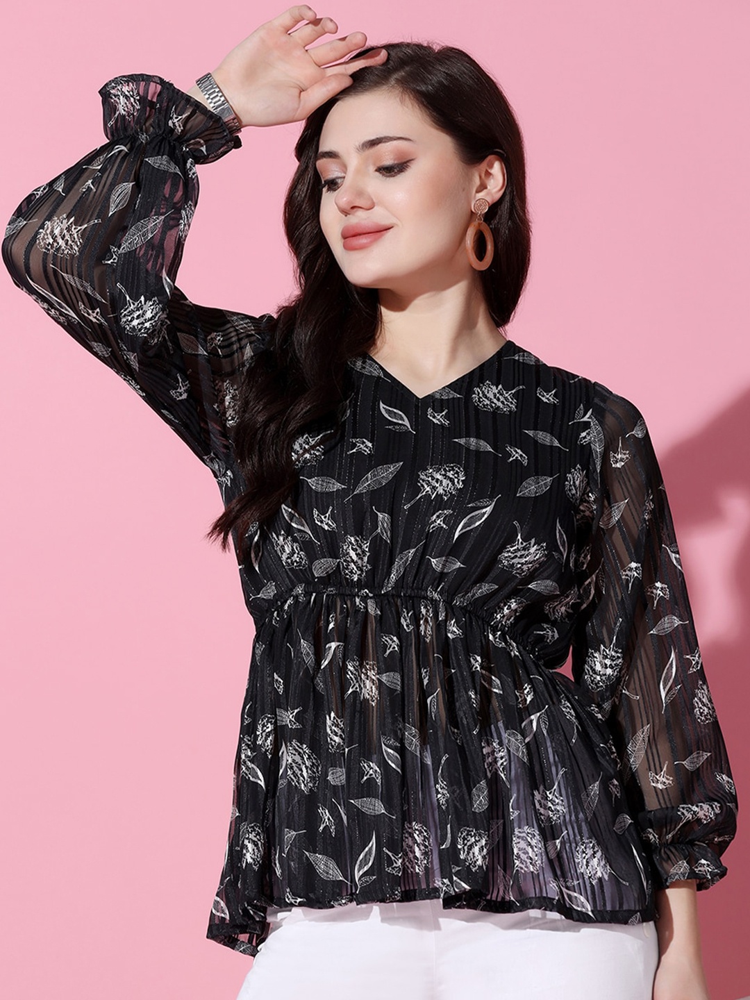 

OMPAX Printed Georgette Cinched Waist Top, Black