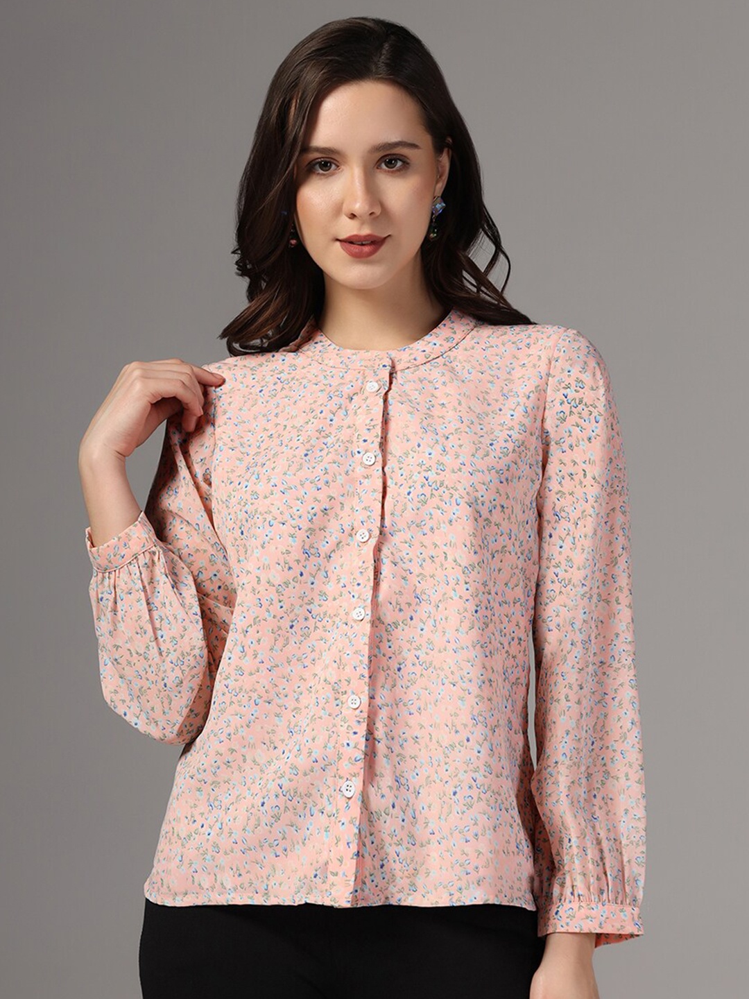 

OMPAX Floral Print Mandarin Collar Cuffed Sleeves Shirt Style Top, Peach