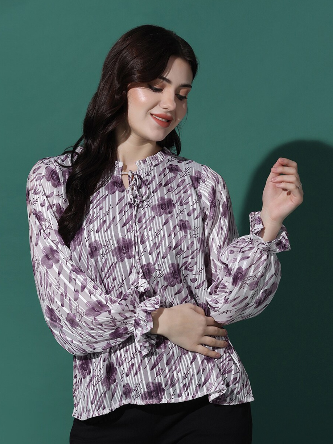 

OMPAX Printed Mandarin Collar Georgette Top, Purple