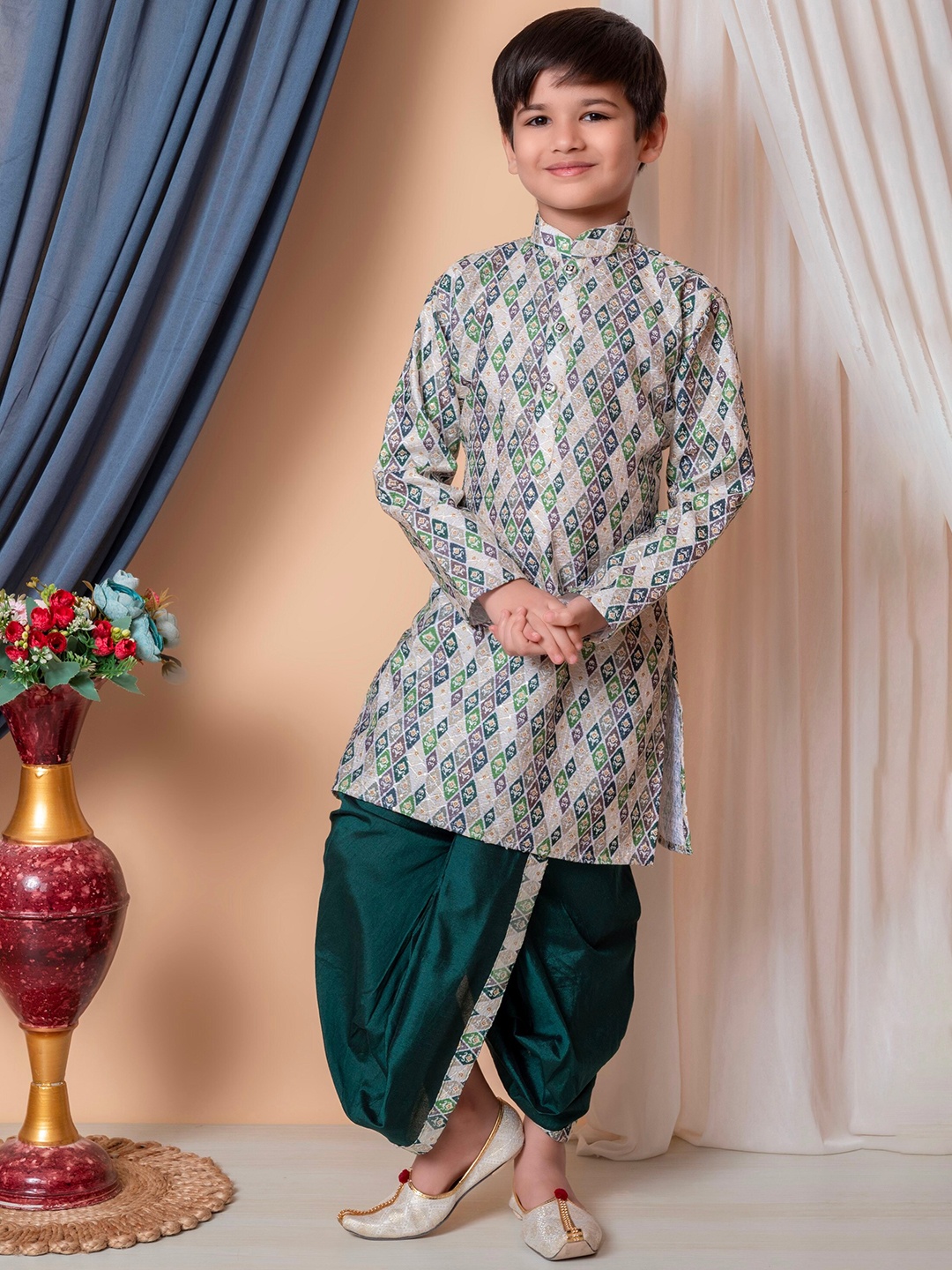 

BAESD Boys Embroidered Mandarin Collar Dupion Silk Kurta With Dhoti Pant, Beige